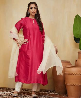Pink plain chanderi with handmade tassels Kurta set 2