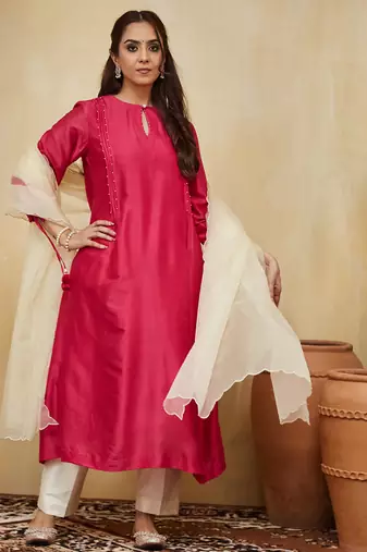 Pink plain chanderi with handmade tassels Kurta set