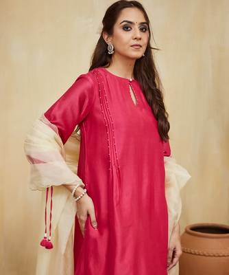 Pink plain chanderi with handmade tassels Kurta set 3