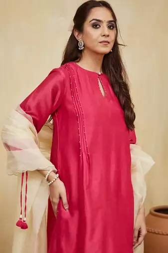 Pink plain chanderi with handmade tassels Kurta set