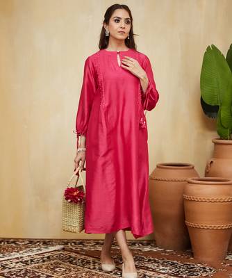 Pink plain chanderi with handmade tassels Kurta set 4