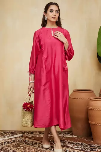 Pink plain chanderi with handmade tassels Kurta set