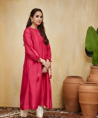Pink plain chanderi with handmade tassels Kurta set 5