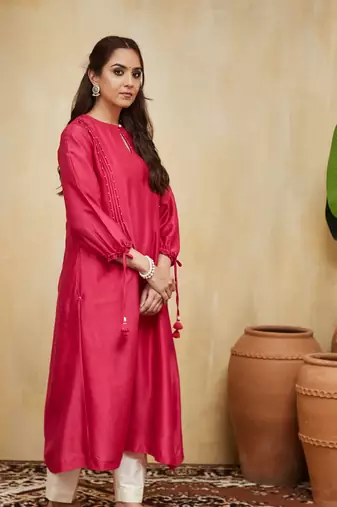 Pink plain chanderi with handmade tassels Kurta set