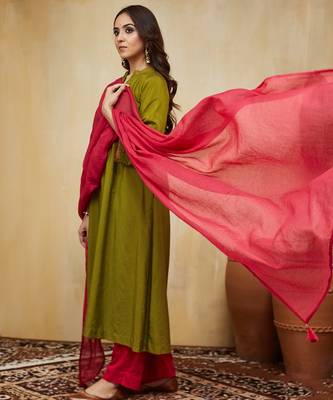 Olive green plain cotton silk Kurta set 1