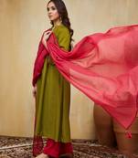 Olive green plain cotton silk Kurta set