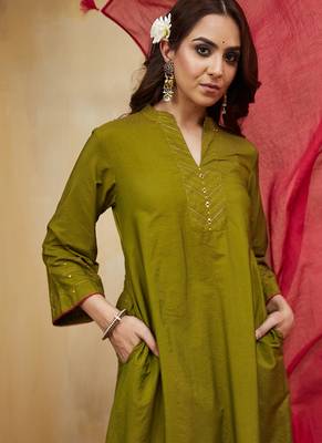 Olive green plain cotton silk Kurta set 2