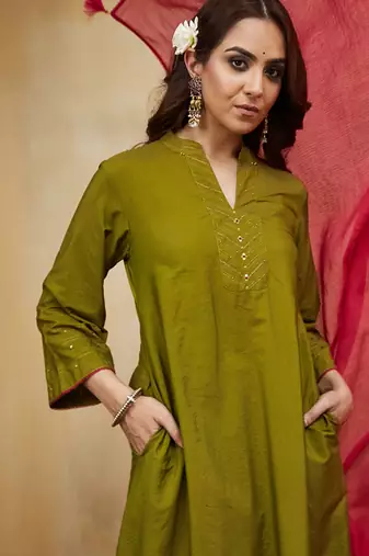 Olive green plain cotton silk Kurta set