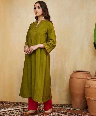 Olive green plain cotton silk Kurta set 3