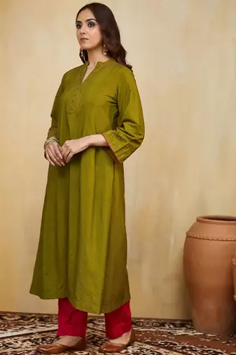 Olive green plain cotton silk Kurta set
