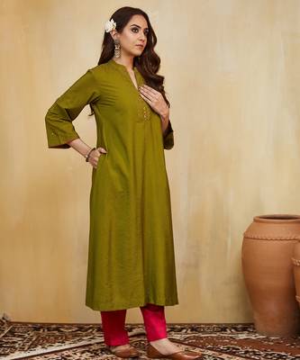 Olive green plain cotton silk Kurta set 5