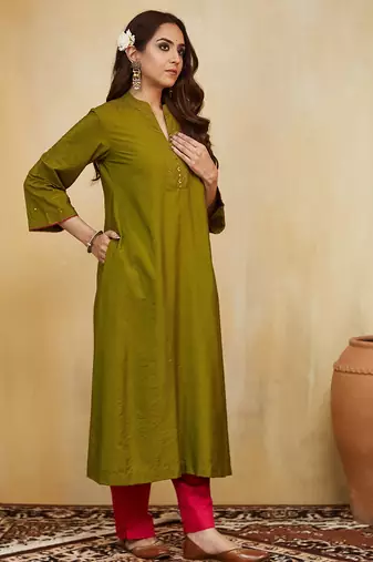Olive green plain cotton silk Kurta set