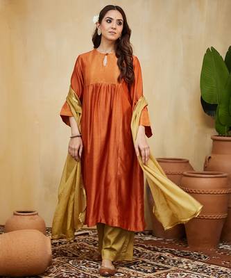 Orange plain chanderi kurti set 1