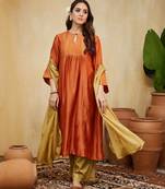 Orange plain chanderi kurti set