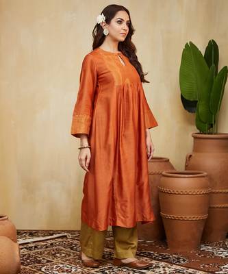 Orange plain chanderi kurti set 2