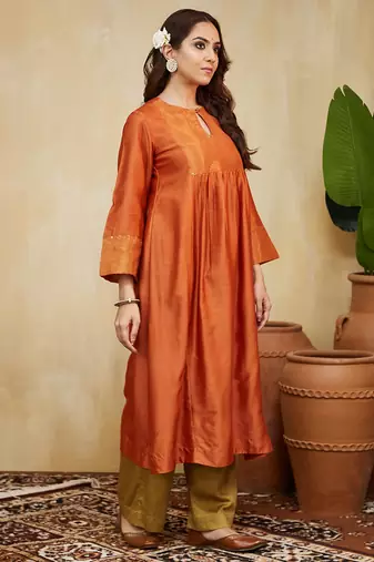 Orange plain chanderi kurti set