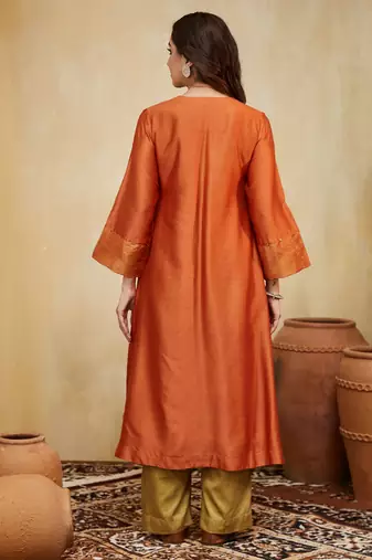 Orange plain chanderi kurti set