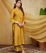 Mustard plain chanderi kurta with lace detail set