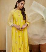 Pastel yellow floral embroidered chanderi Kurta set