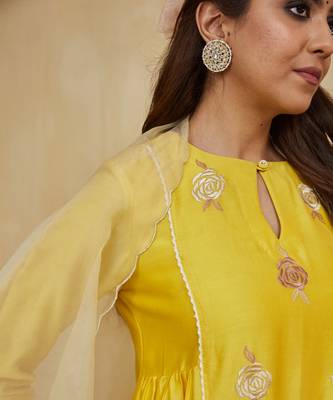 Pastel yellow floral embroidered chanderi Kurta set 3