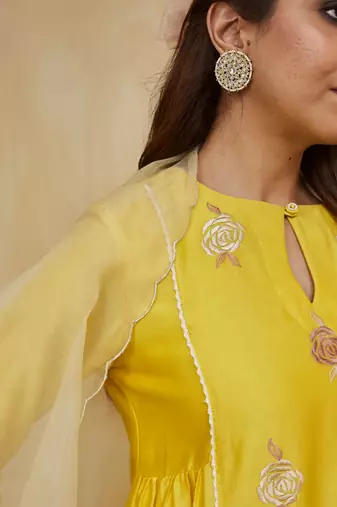 Pastel yellow floral embroidered chanderi Kurta set