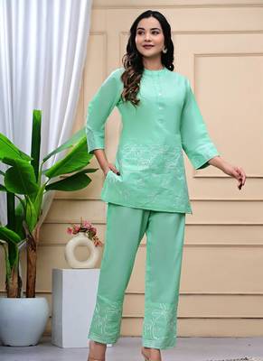 Sea Green Embroidered Cotton Co-Ord Set 1