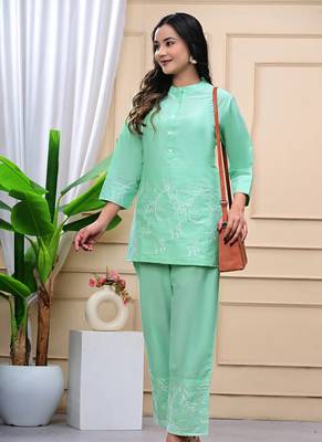 Sea Green Embroidered Cotton Co-Ord Set 2