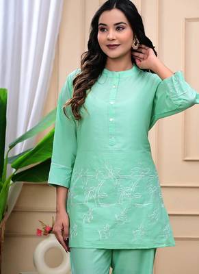 Sea Green Embroidered Cotton Co-Ord Set 3