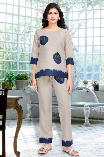 Khaki linen silk shibori printed causal co-ord set