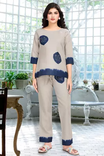Khaki linen silk shibori printed causal co-ord set
