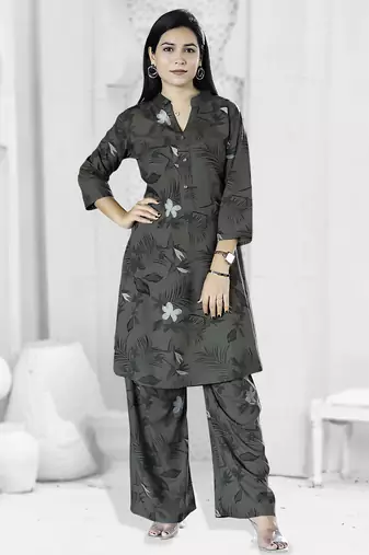 Olive rayon viscose 21 kg floral & leaf printed causal co-ord set