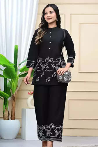 Black Embroidered Cotton Co-Ord Set