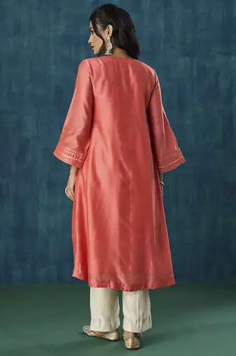 Peach floral embroidery chanderi kurta set