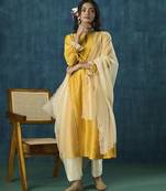 Yellow flowy plain chanderi kurta set
