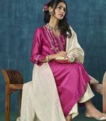 Magenta embroidered chanderi silk kurta set