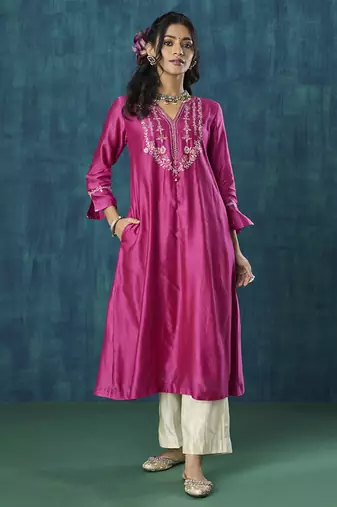 Magenta embroidered chanderi silk kurta set