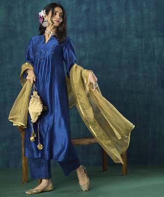 Navy blue plain chanderi silk kurta set 1