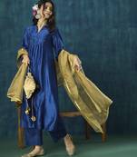 Navy blue plain chanderi silk kurta set