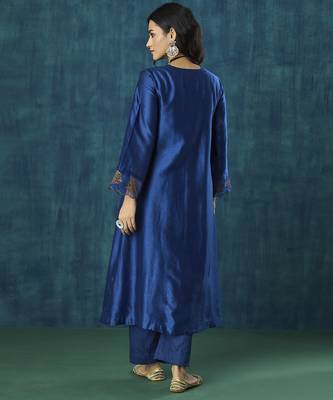 Navy blue plain chanderi silk kurta set 2