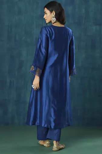 Navy blue plain chanderi silk kurta set
