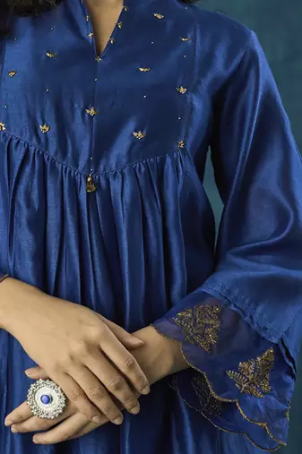 Navy blue plain chanderi silk kurta set
