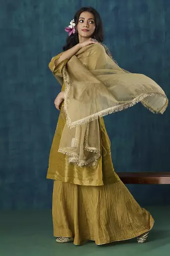 Mustard floral embroidered tissue kurta set