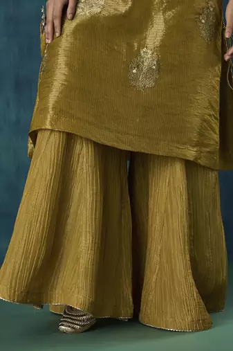 Mustard floral embroidered tissue kurta set