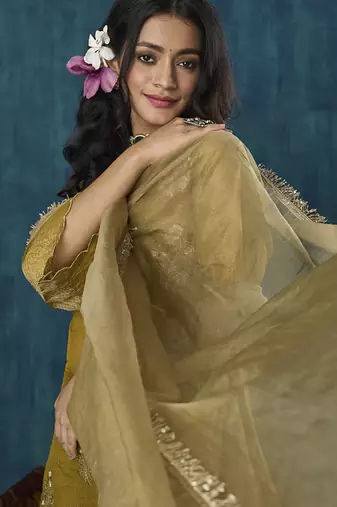 Mustard floral embroidered tissue kurta set