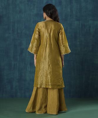 Mustard floral embroidered tissue kurta set 5