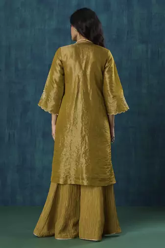Mustard floral embroidered tissue kurta set