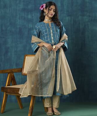 Turquoise checks plain cotton silk kurta set 1