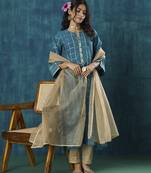 Turquoise checks plain cotton silk kurta set