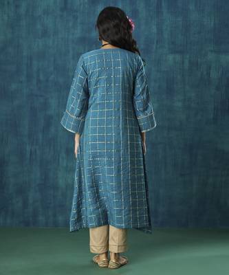 Turquoise checks plain cotton silk kurta set 2