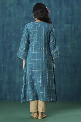 Turquoise checks plain cotton silk kurta set